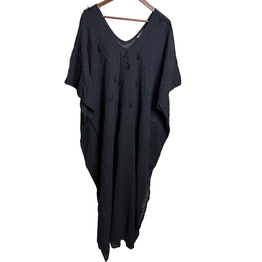 Bel Kazan Black Boho Embroidered Cotton Ramie Caftan Maxi Dress S/M